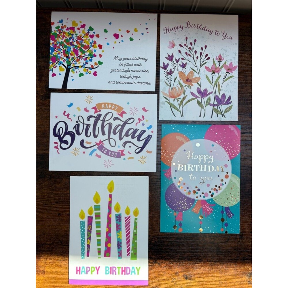 Set of 5 Happy Birthday Cards w/ Envelopes – Colorful Assorted Designs – New